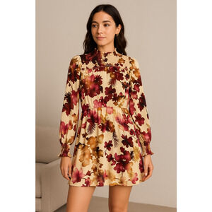 Vineet Bahl Watercolor Hibiscus Mini Dress Womens Small Cream Pink Smocked Boho